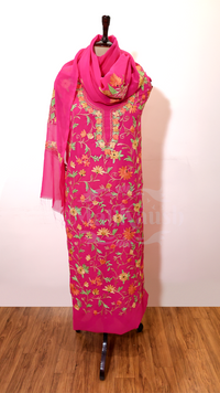 Semi Georgette Kashmiri Aari Embroidery Suit (Unstitched) Pink