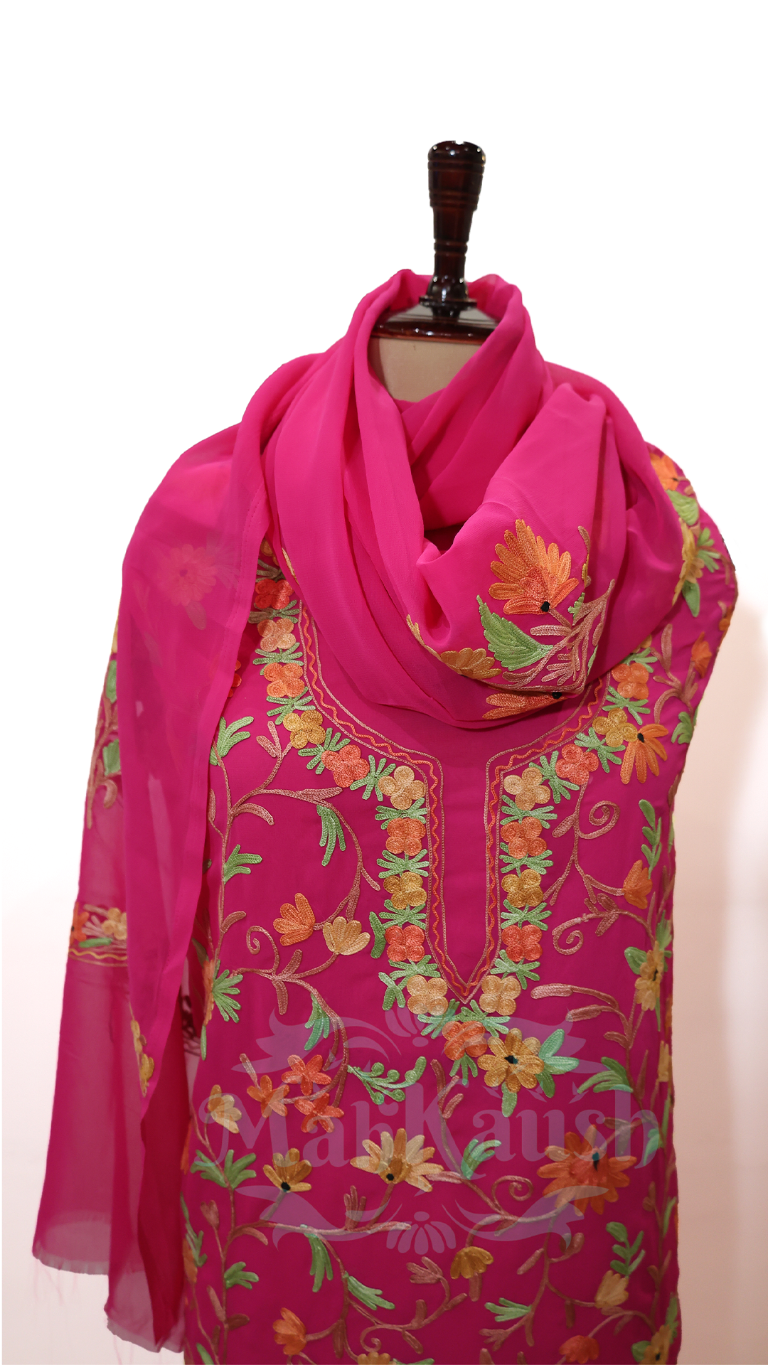 Semi Georgette Kashmiri Aari Embroidery Suit (Unstitched) Pink