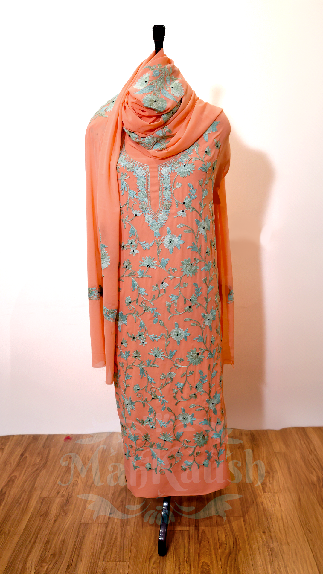 Semi Georgette Kashmiri Aari Embroidery Suit (Unstitched) Orange