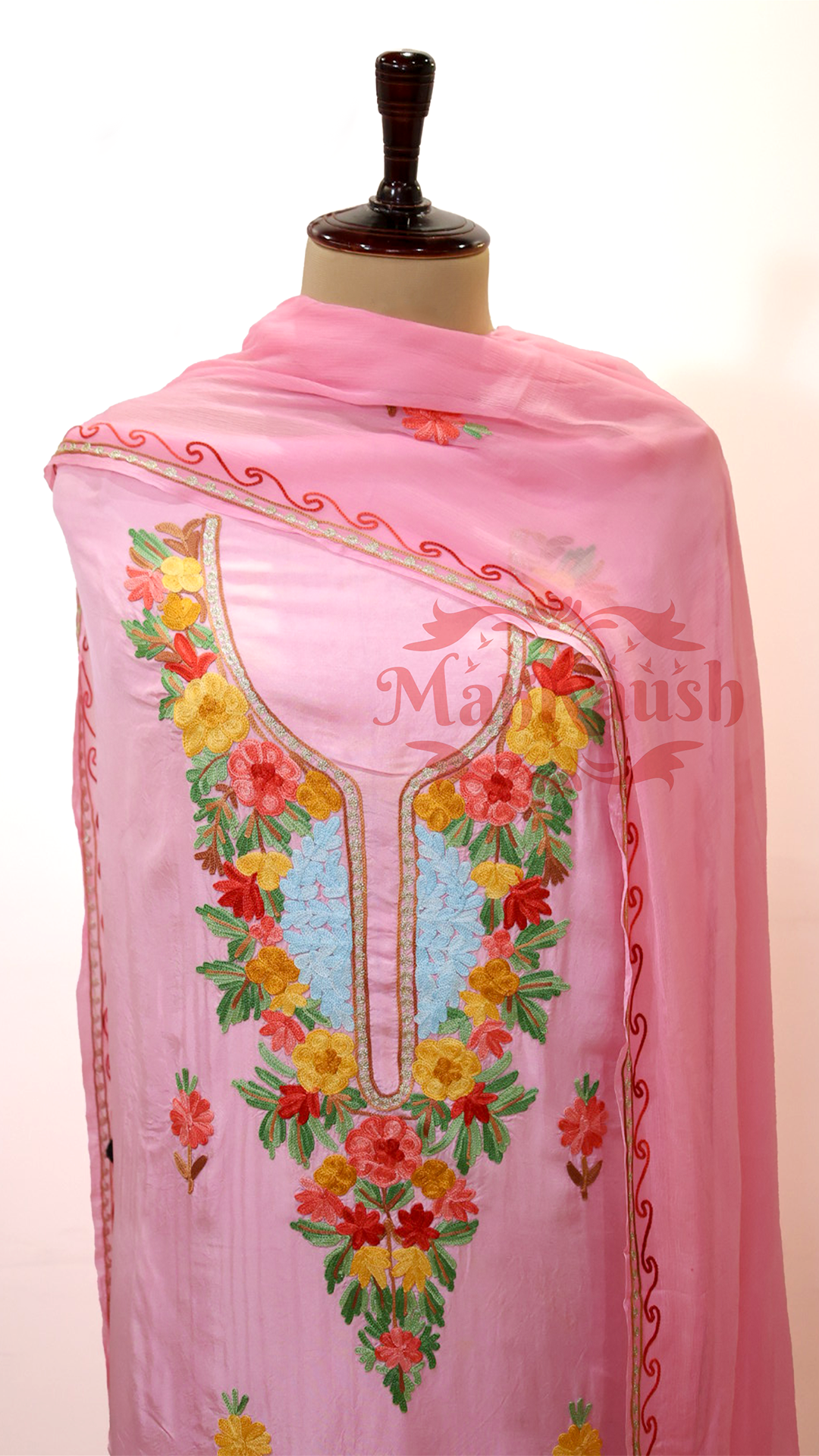 Uppada Silk Suit with Kashmiri Aari Embroidery Unstitched (Pink)
