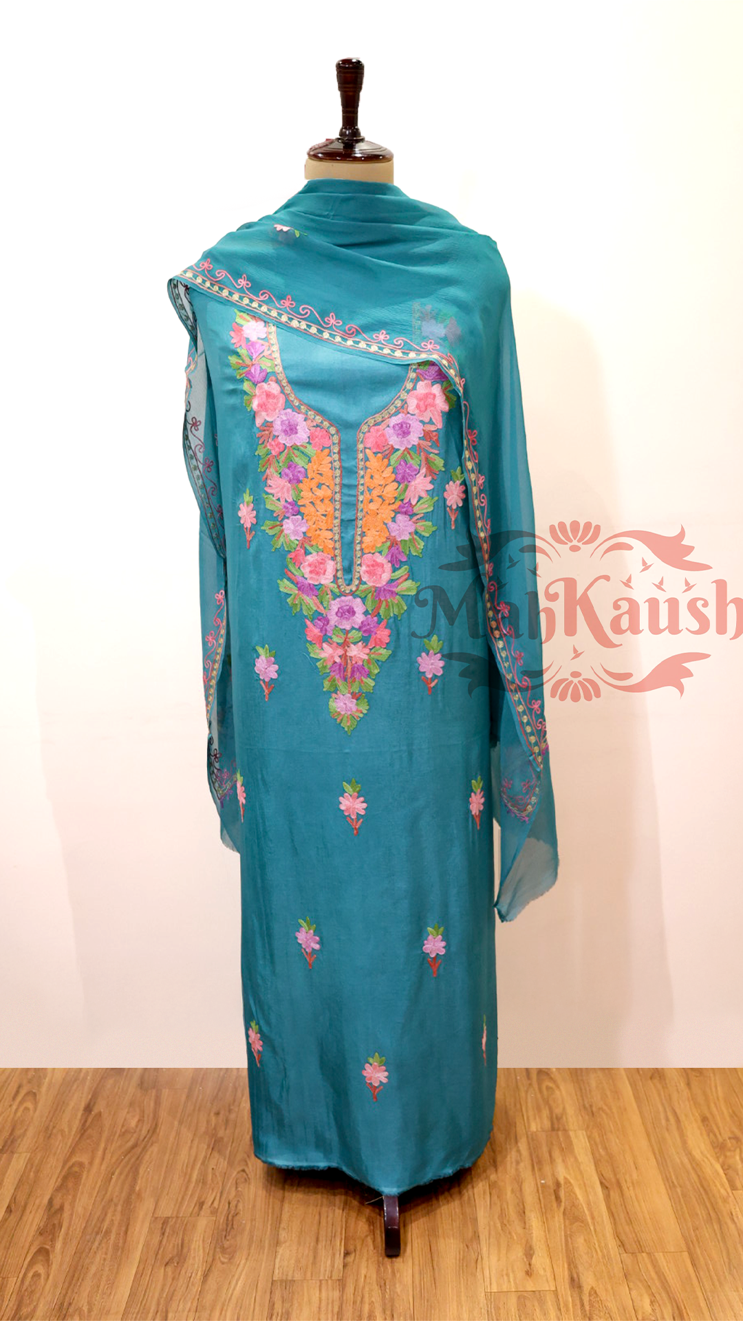 Uppada Silk Suit with Kashmiri Aari Embroidery Unstitched (Blue)