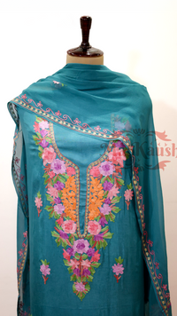 Uppada Silk Suit with Kashmiri Aari Embroidery Unstitched (Blue)