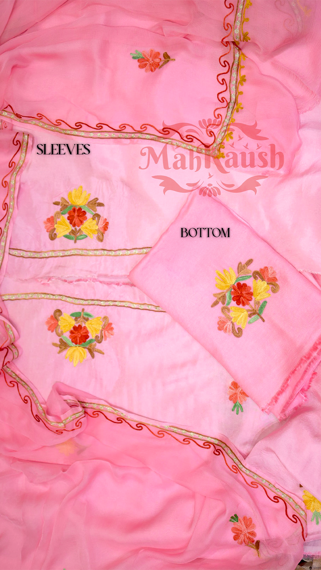 Uppada Silk Suit with Kashmiri Aari Embroidery Unstitched (Pink)