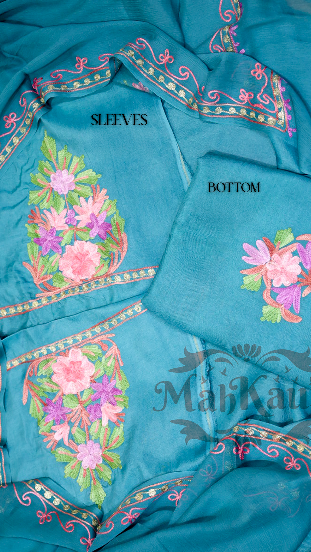Uppada Silk Suit with Kashmiri Aari Embroidery Unstitched (Blue)