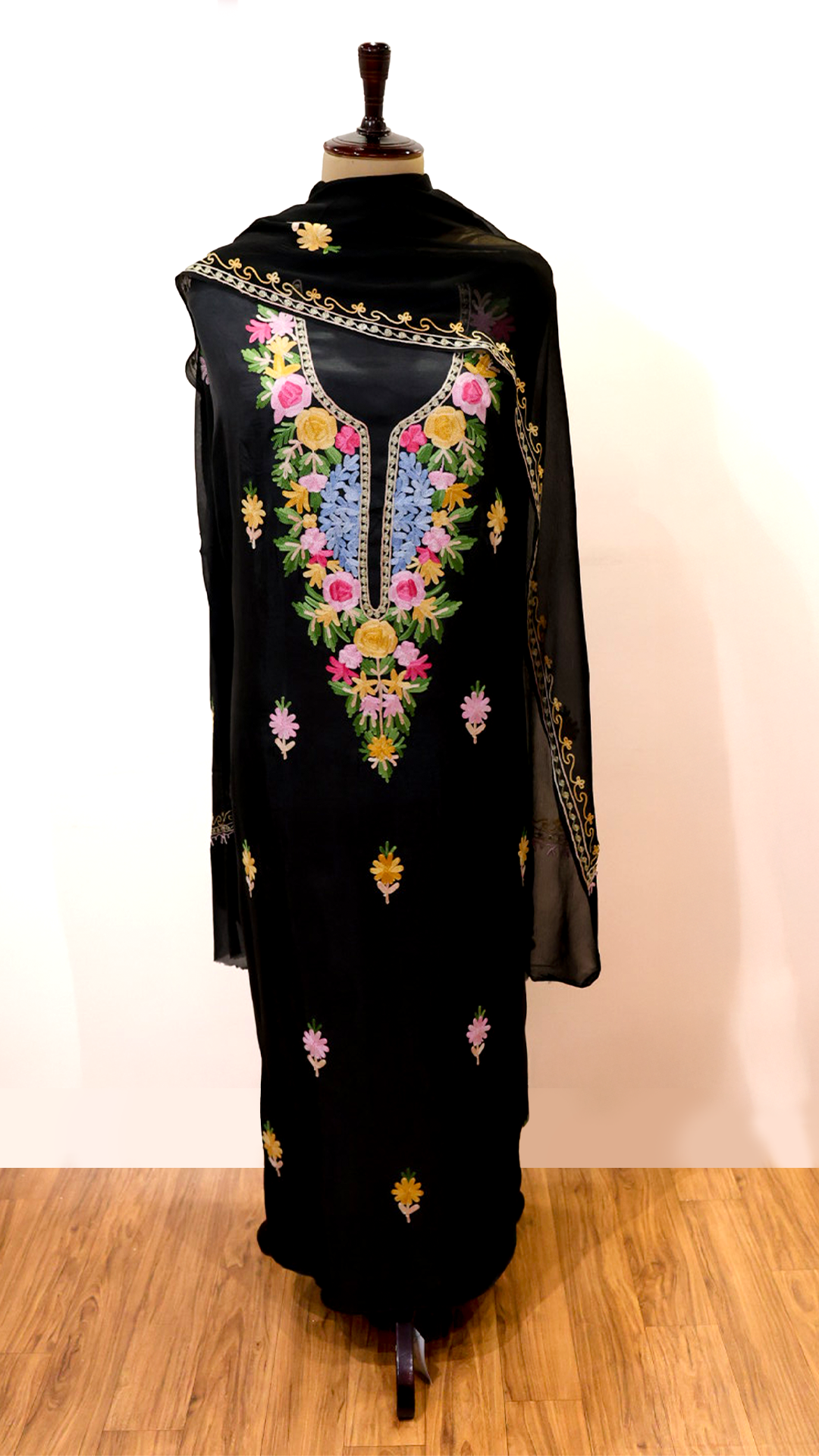 Uppada Silk Suit with Kashmiri Aari Embroidery Unstitched (Black)