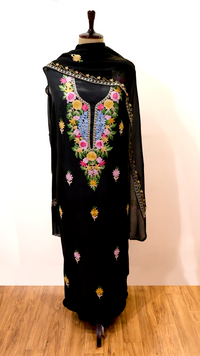 Uppada Silk Suit with Kashmiri Aari Embroidery Unstitched (Black)