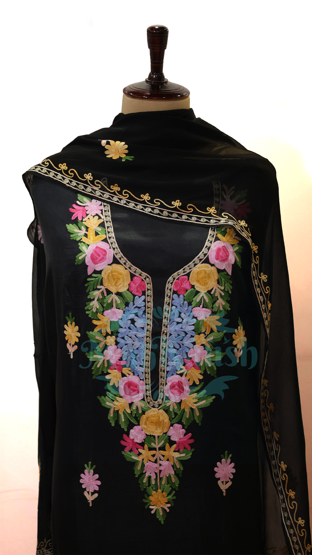Uppada Silk Suit with Kashmiri Aari Embroidery Unstitched (Black)