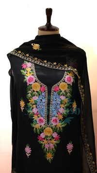 Uppada Silk Suit with Kashmiri Aari Embroidery Unstitched (Black)