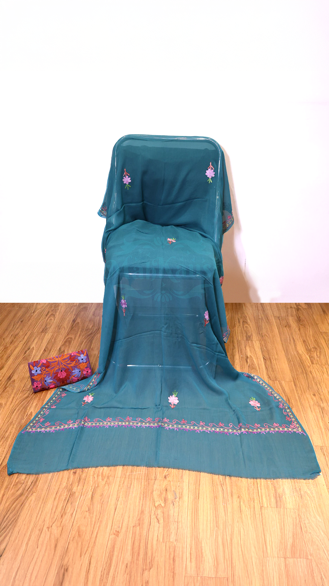 Uppada Silk Suit with Kashmiri Aari Embroidery Unstitched (Blue)
