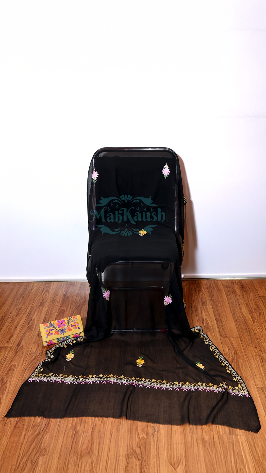 Uppada Silk Suit with Kashmiri Aari Embroidery Unstitched (Black)