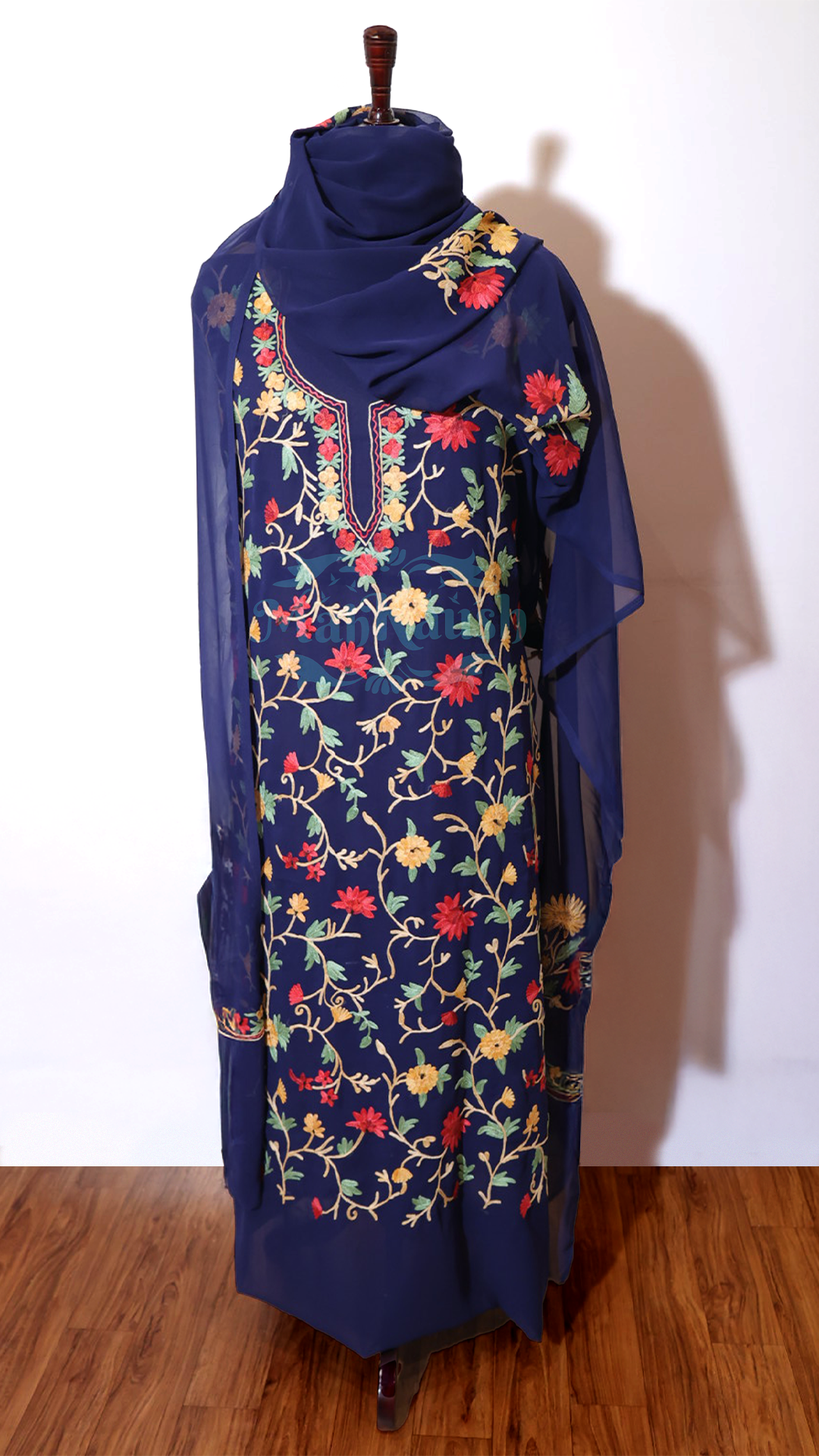 Semi Georgette Kashmiri Aari Embroidery Suit (Unstitched) Navy Blue
