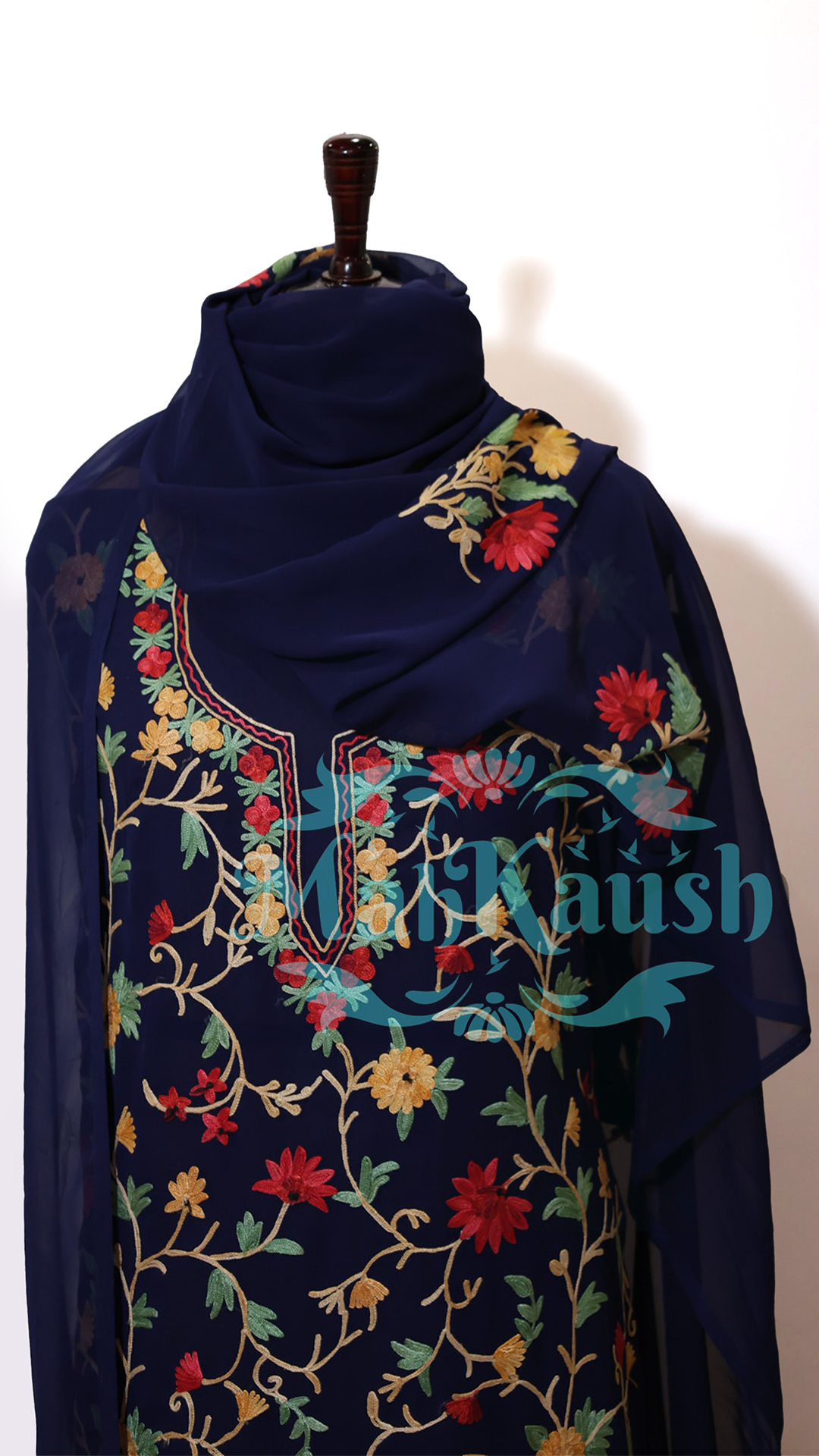 Semi Georgette Kashmiri Aari Embroidery Suit (Unstitched) Navy Blue