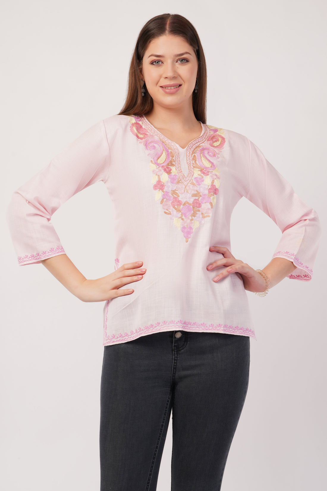 Kashmiri Aari embroidery Cotton Short Kurti Size-40(Baby Pink)