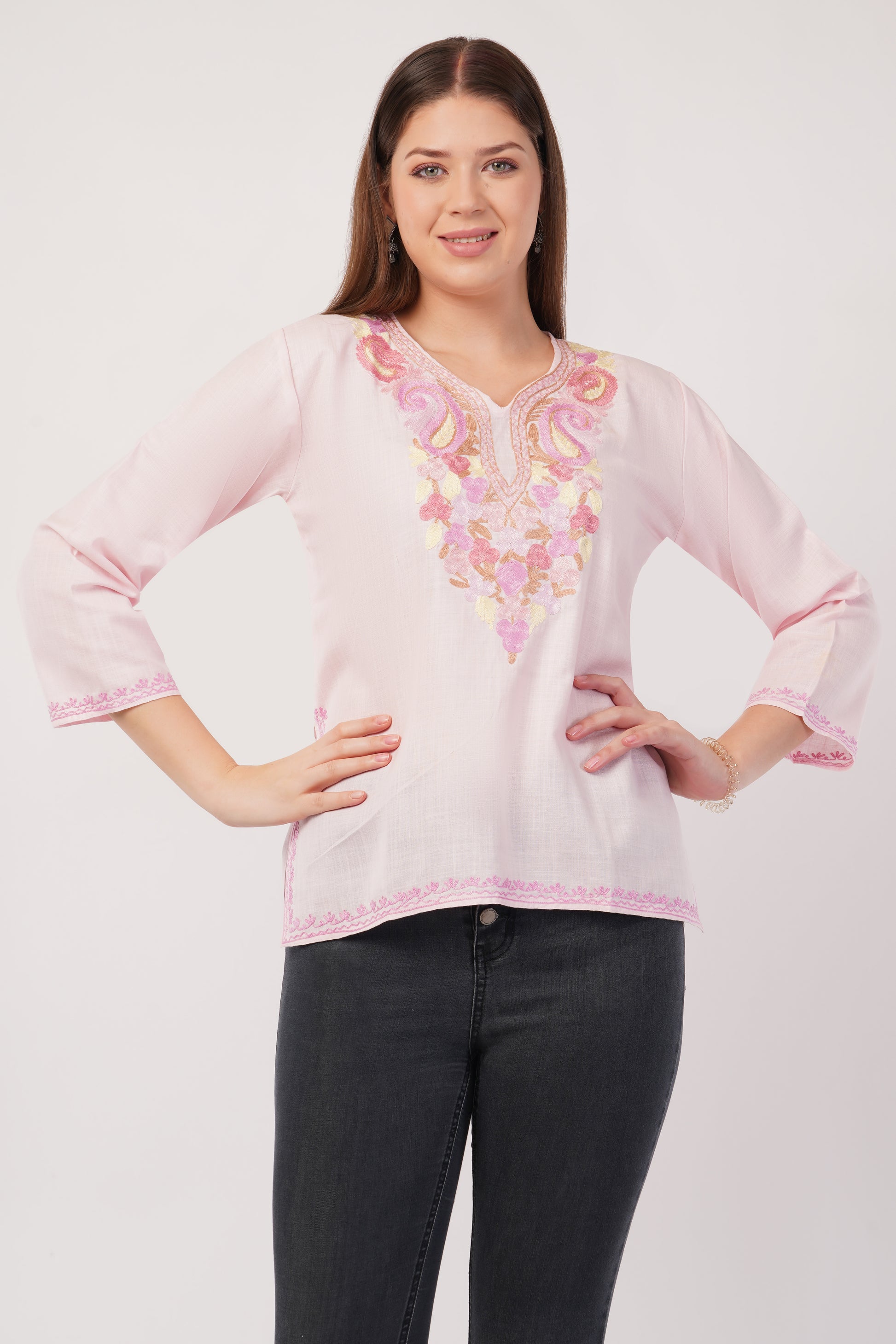 Kashmiri Aari embroidery Cotton Short Kurti Size-40(Baby Pink)