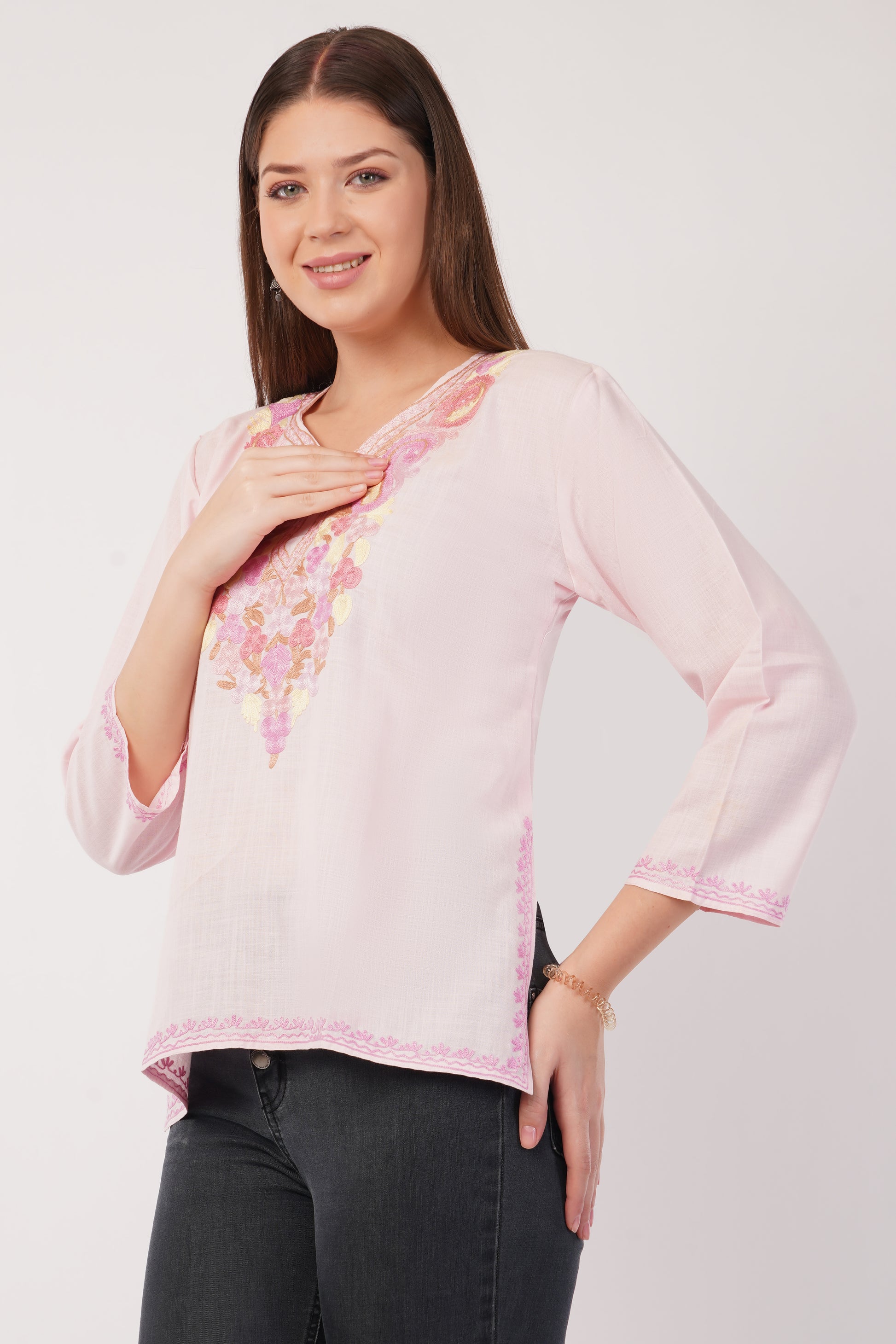 Kashmiri Aari embroidery Cotton Short Kurti Size-40(Baby Pink)