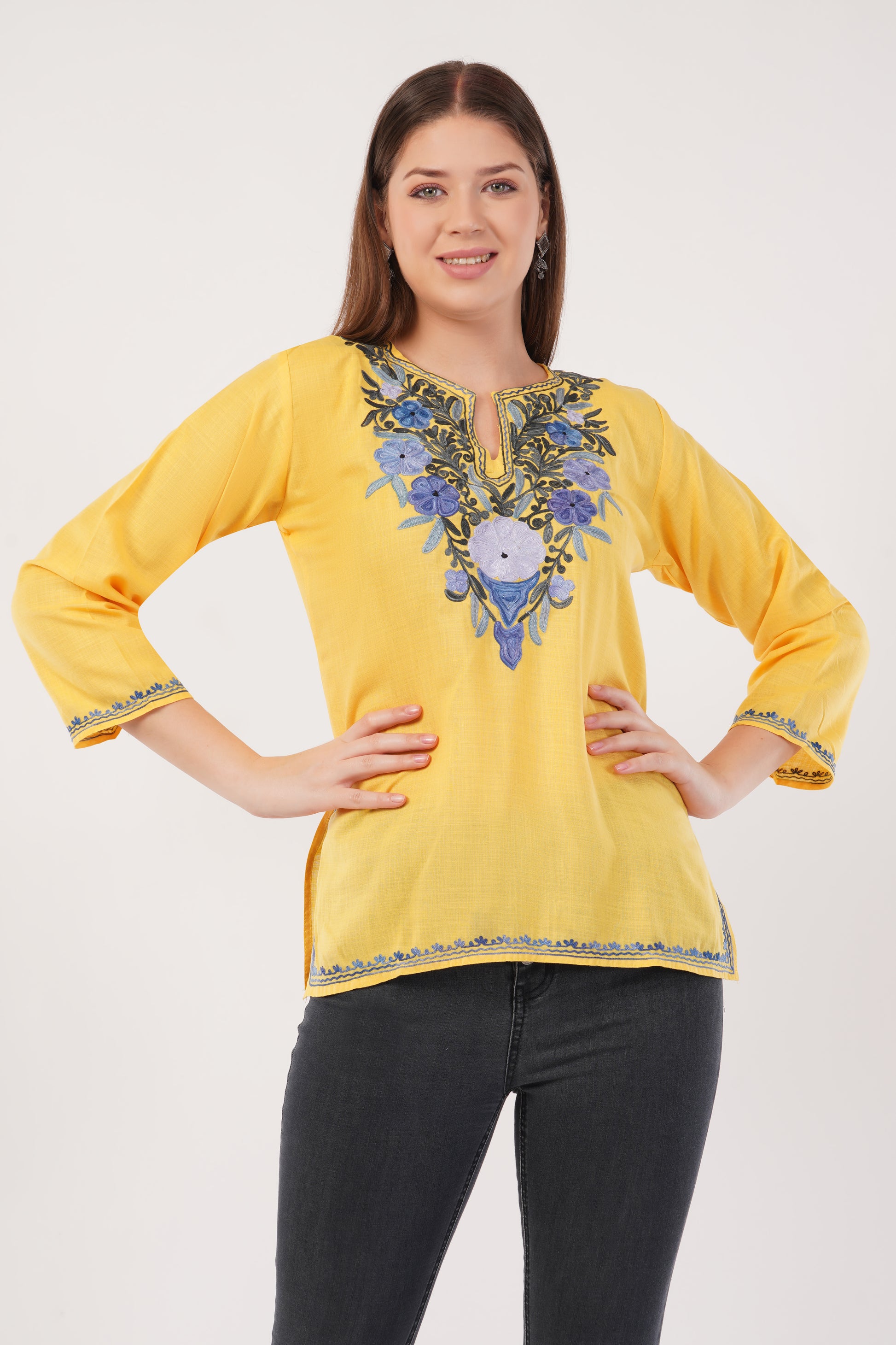 Kashmiri Aari embroidery Cotton Short Kurti Size-40(Yellow)