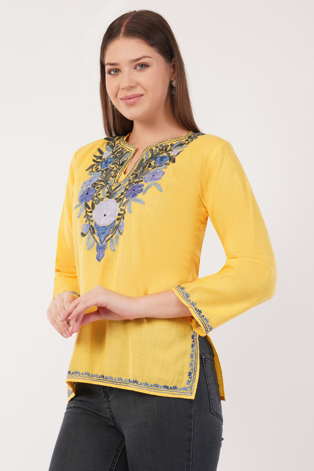 Kashmiri Aari embroidery Cotton Short Kurti Size-40(Yellow)