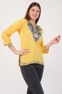Kashmiri Aari embroidery Cotton Short Kurti Size-40(Yellow)