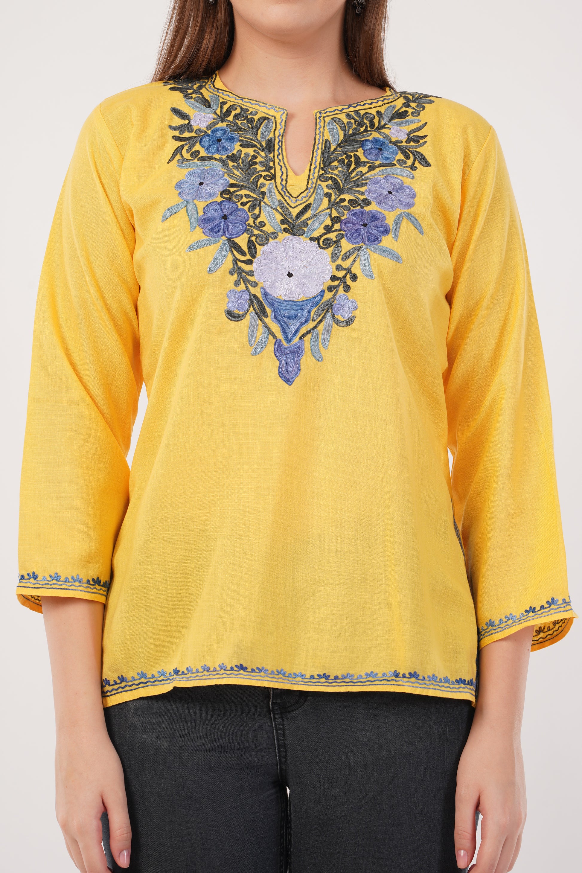 Kashmiri Aari embroidery Cotton Short Kurti Size-40(Yellow)