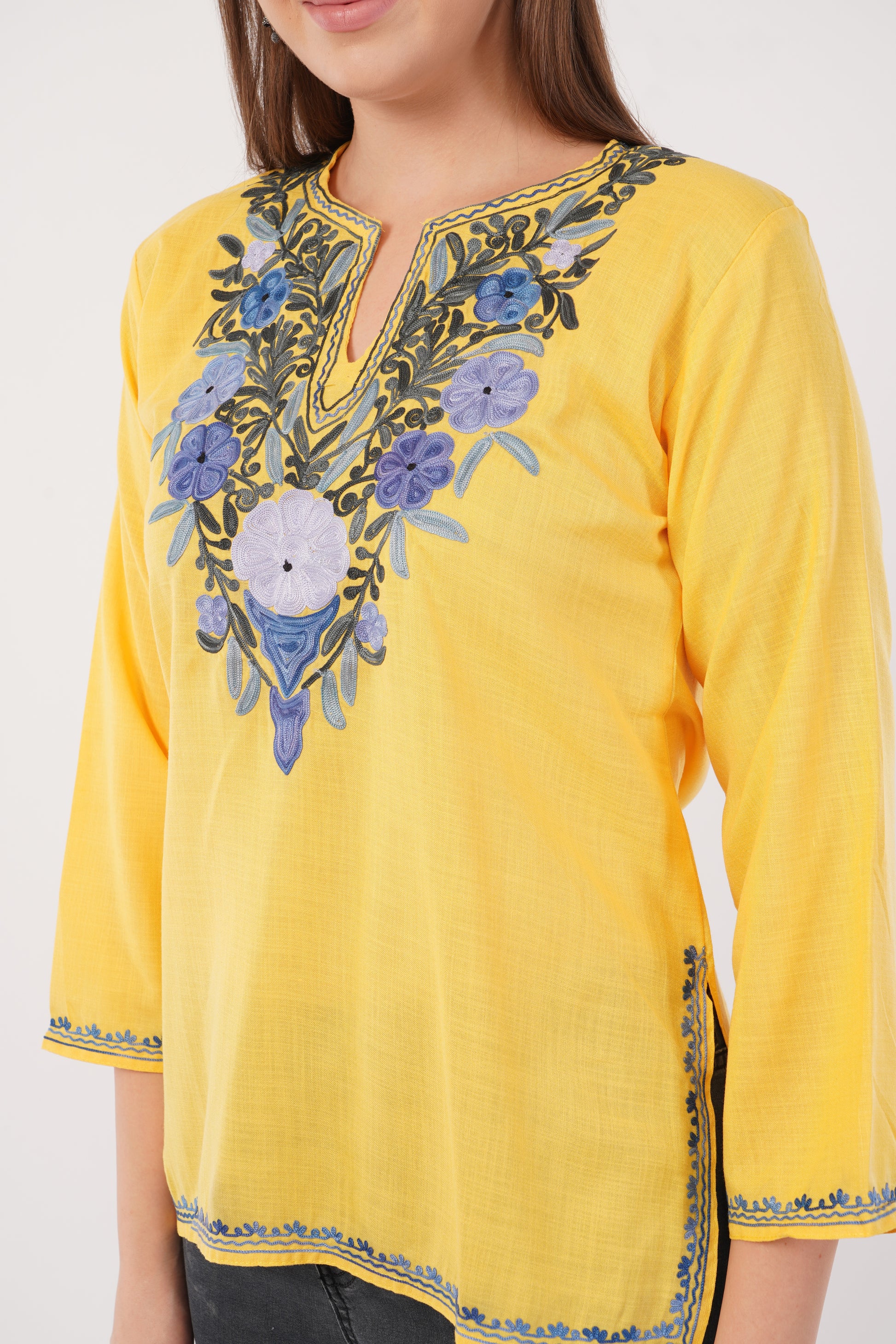 Kashmiri Aari embroidery Cotton Short Kurti Size-40(Yellow)