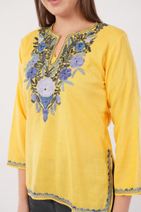 Kashmiri Aari embroidery Cotton Short Kurti Size-40(Yellow)