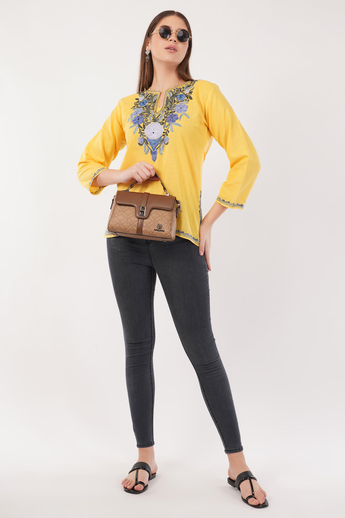 Kashmiri Aari embroidery Cotton Short Kurti Size-40(Yellow)