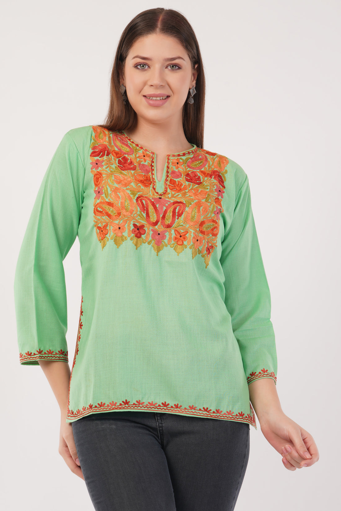 Kashmiri Aari embroidery Cotton Short Kurti Size-40(Green)