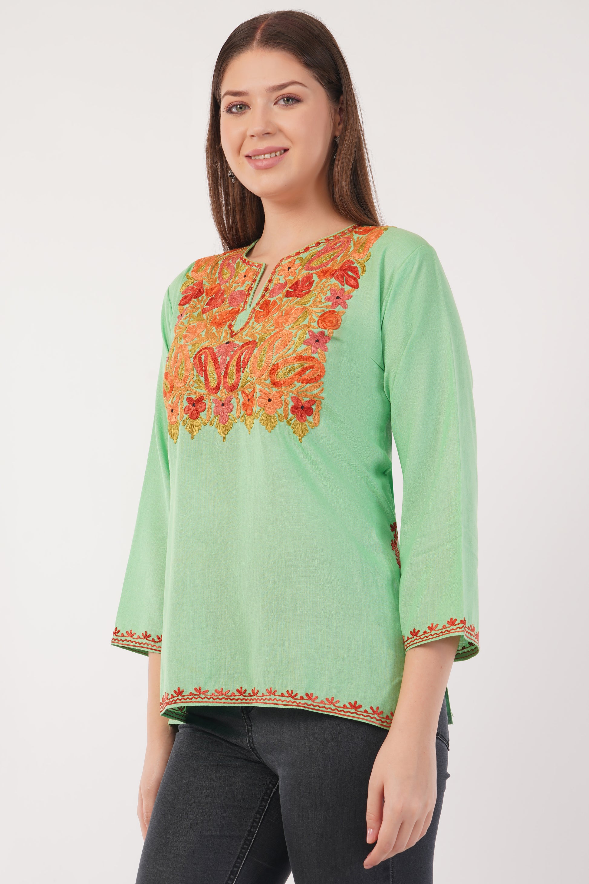 Kashmiri Aari embroidery Cotton Short Kurti Size-40(Green)