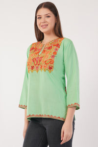 Kashmiri Aari embroidery Cotton Short Kurti Size-40(Green)