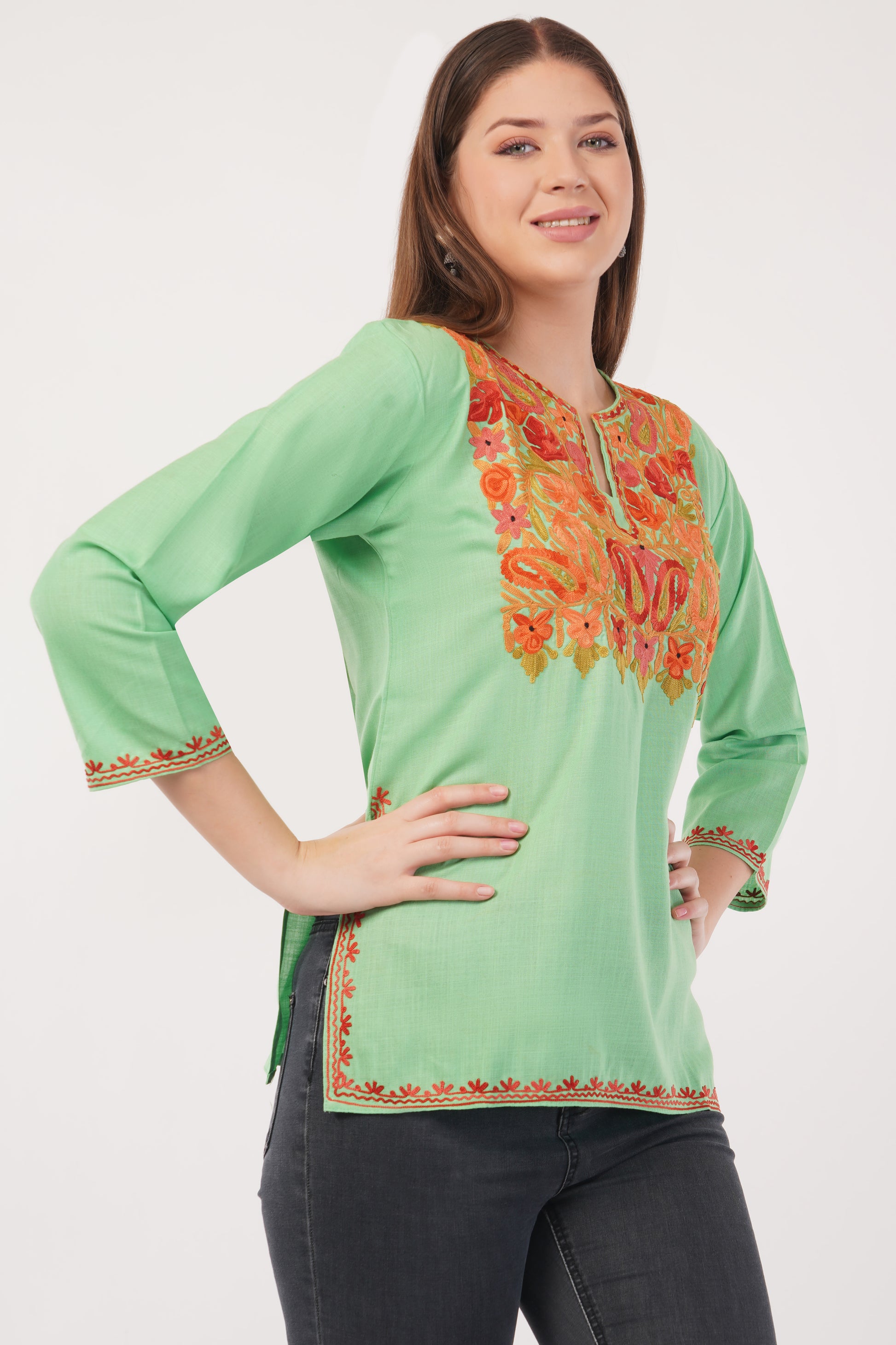 Kashmiri Aari embroidery Cotton Short Kurti Size-40(Green)
