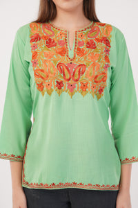 Kashmiri Aari embroidery Cotton Short Kurti Size-40(Green)