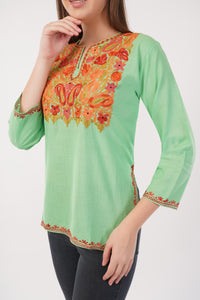 Kashmiri Aari embroidery Cotton Short Kurti Size-40(Green)
