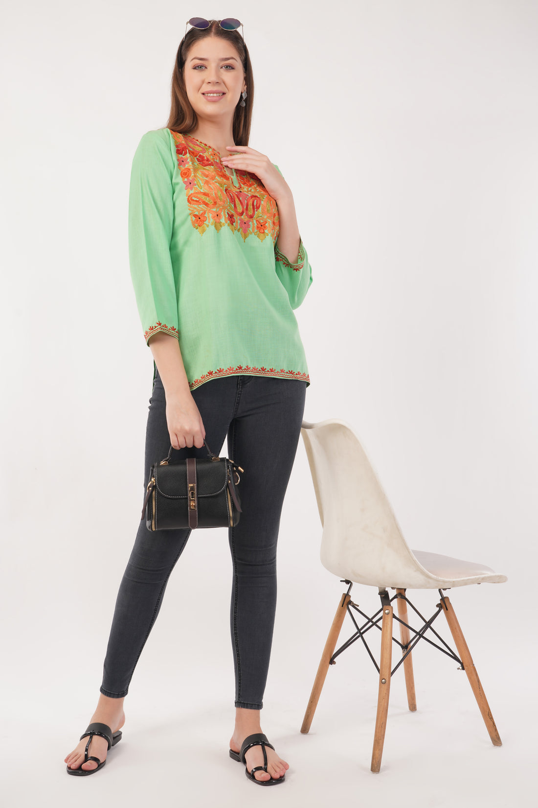 Kashmiri Aari embroidery Cotton Short Kurti Size-40(Green)
