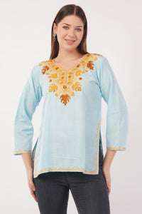 Kashmiri Aari embroidery Cotton Short Kurti Size-40(Sky Blue)
