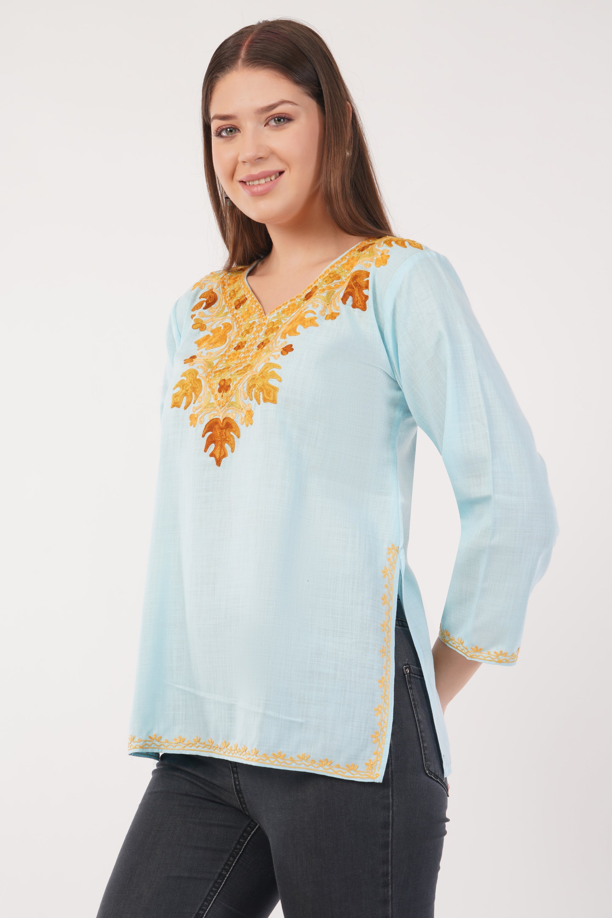 Kashmiri Aari embroidery Cotton Short Kurti Size-40(Sky Blue)