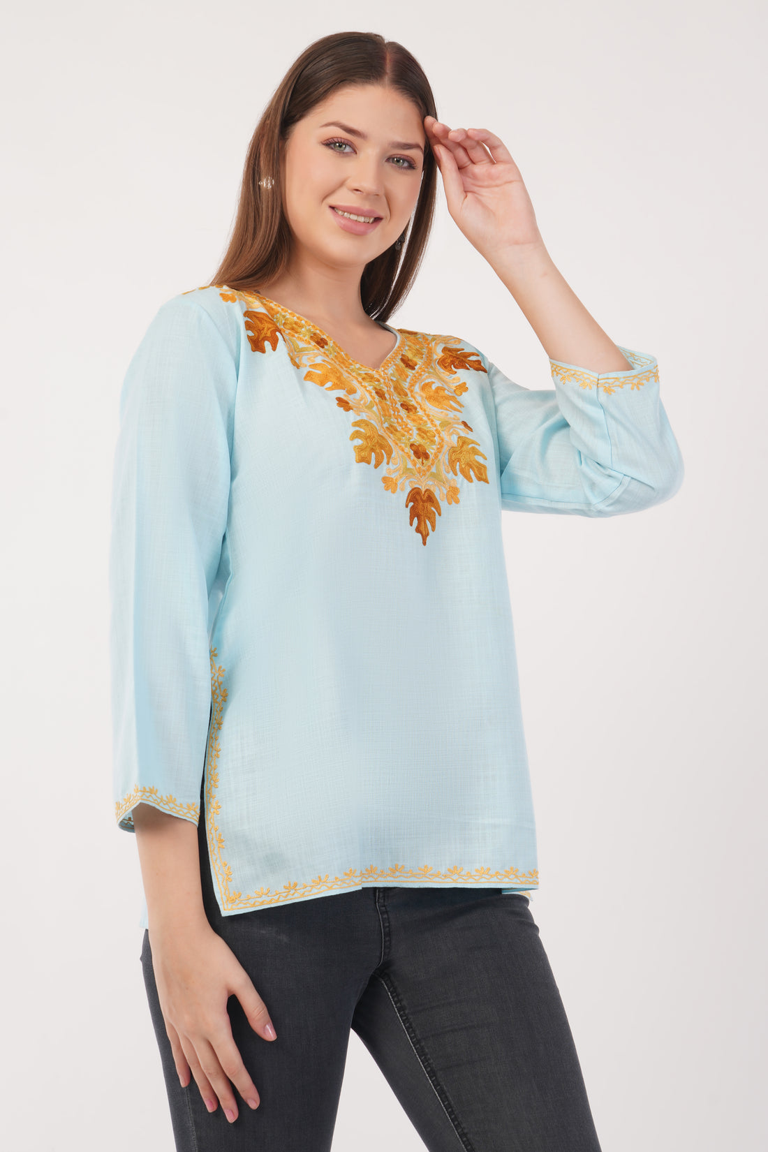 Kashmiri Aari embroidery Cotton Short Kurti Size-40(Sky Blue)