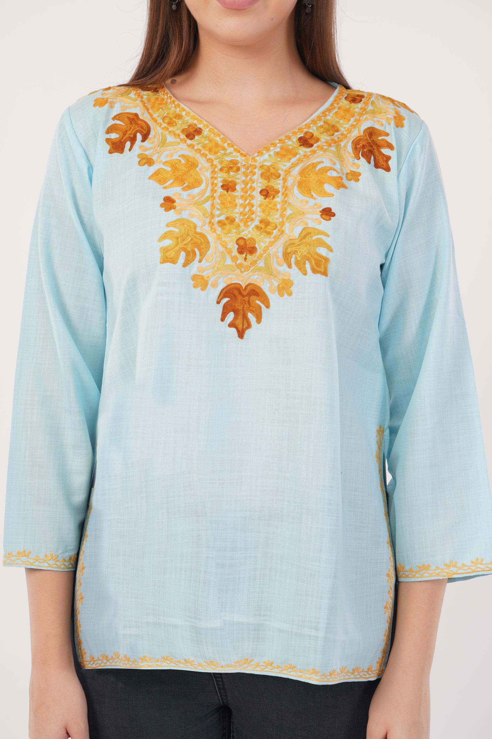 Kashmiri Aari embroidery Cotton Short Kurti Size-40(Sky Blue)