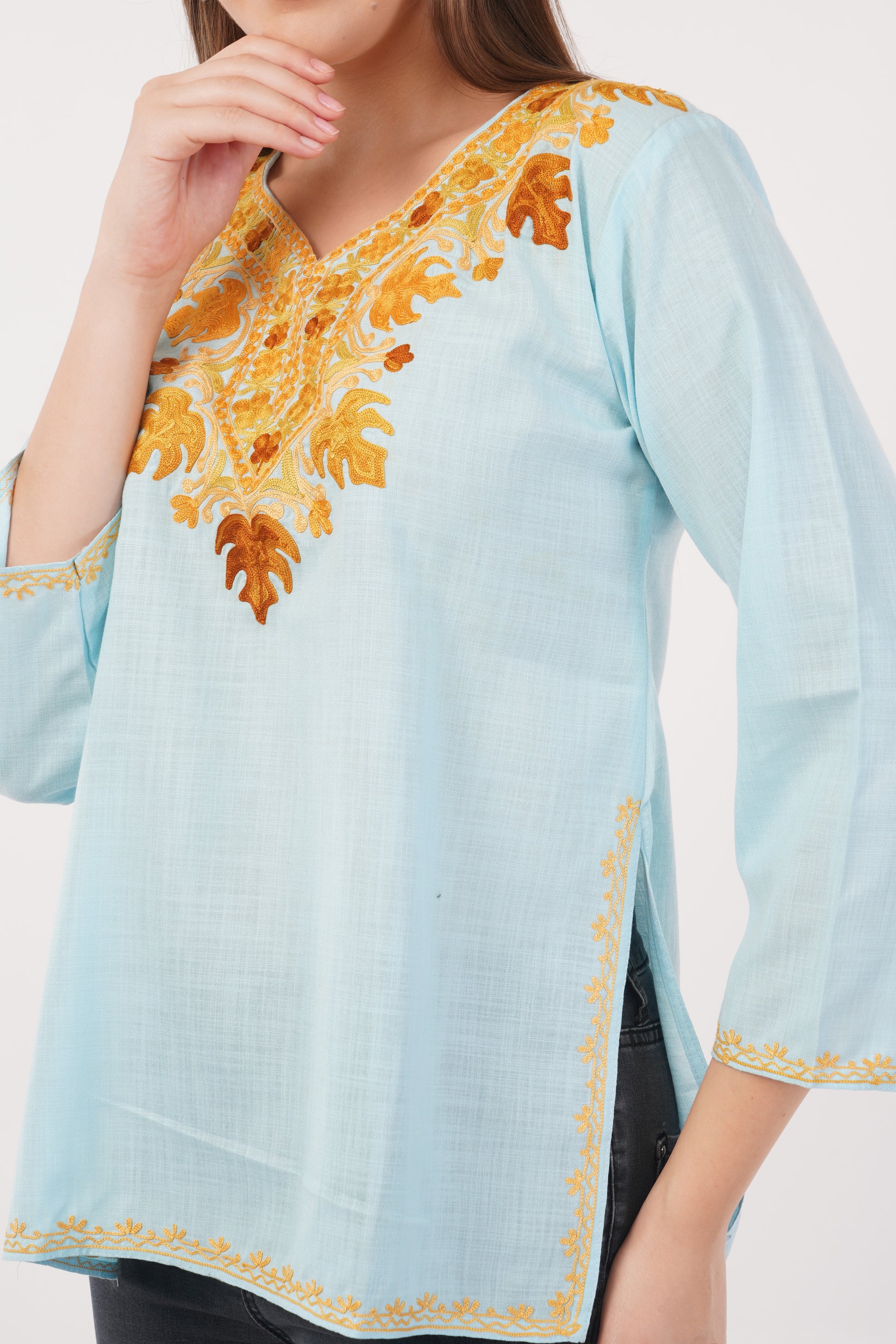 Kashmiri Aari embroidery Cotton Short Kurti Size-40(Sky Blue)