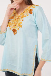 Kashmiri Aari embroidery Cotton Short Kurti Size-40(Sky Blue)