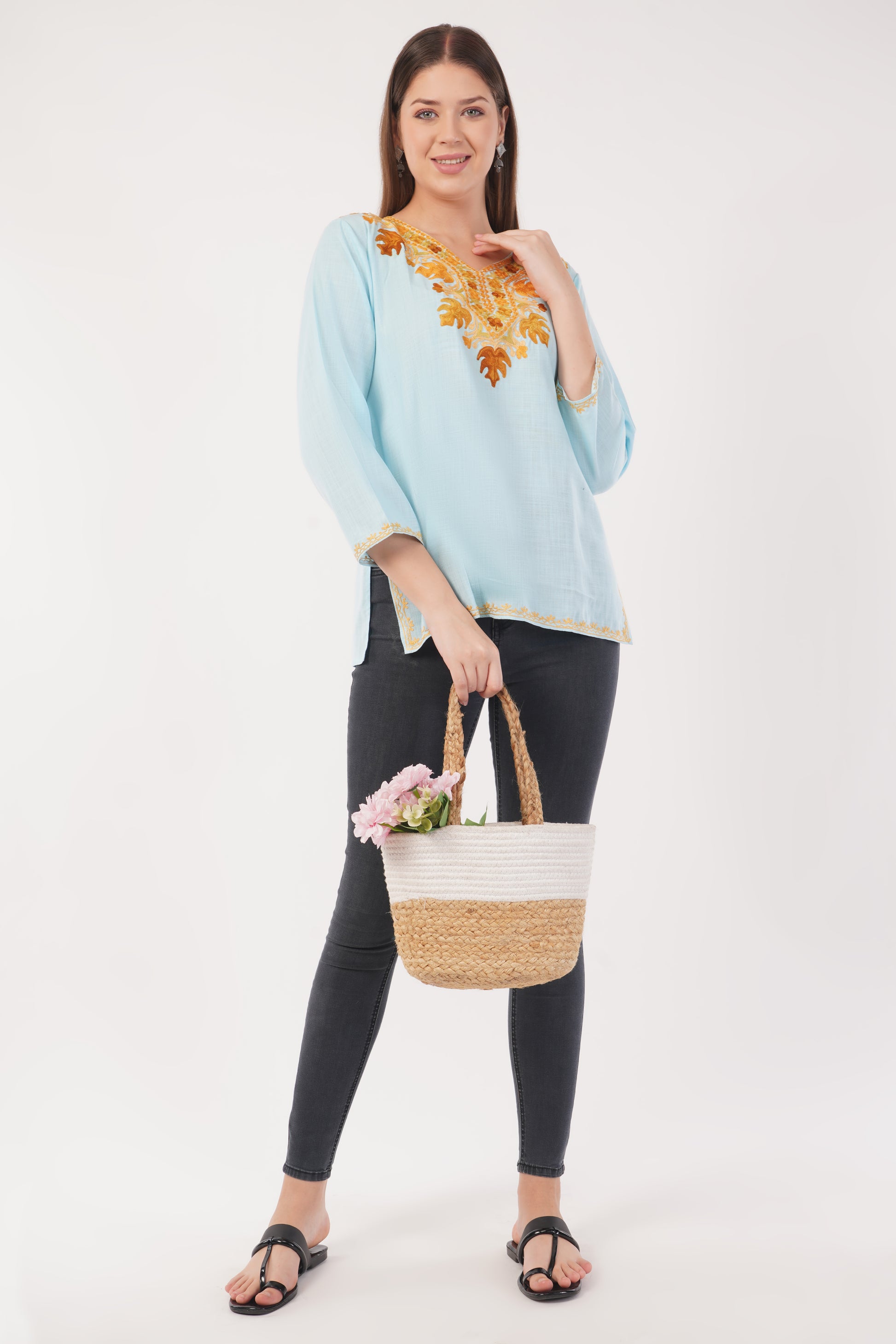 Kashmiri Aari embroidery Cotton Short Kurti Size-40(Sky Blue)