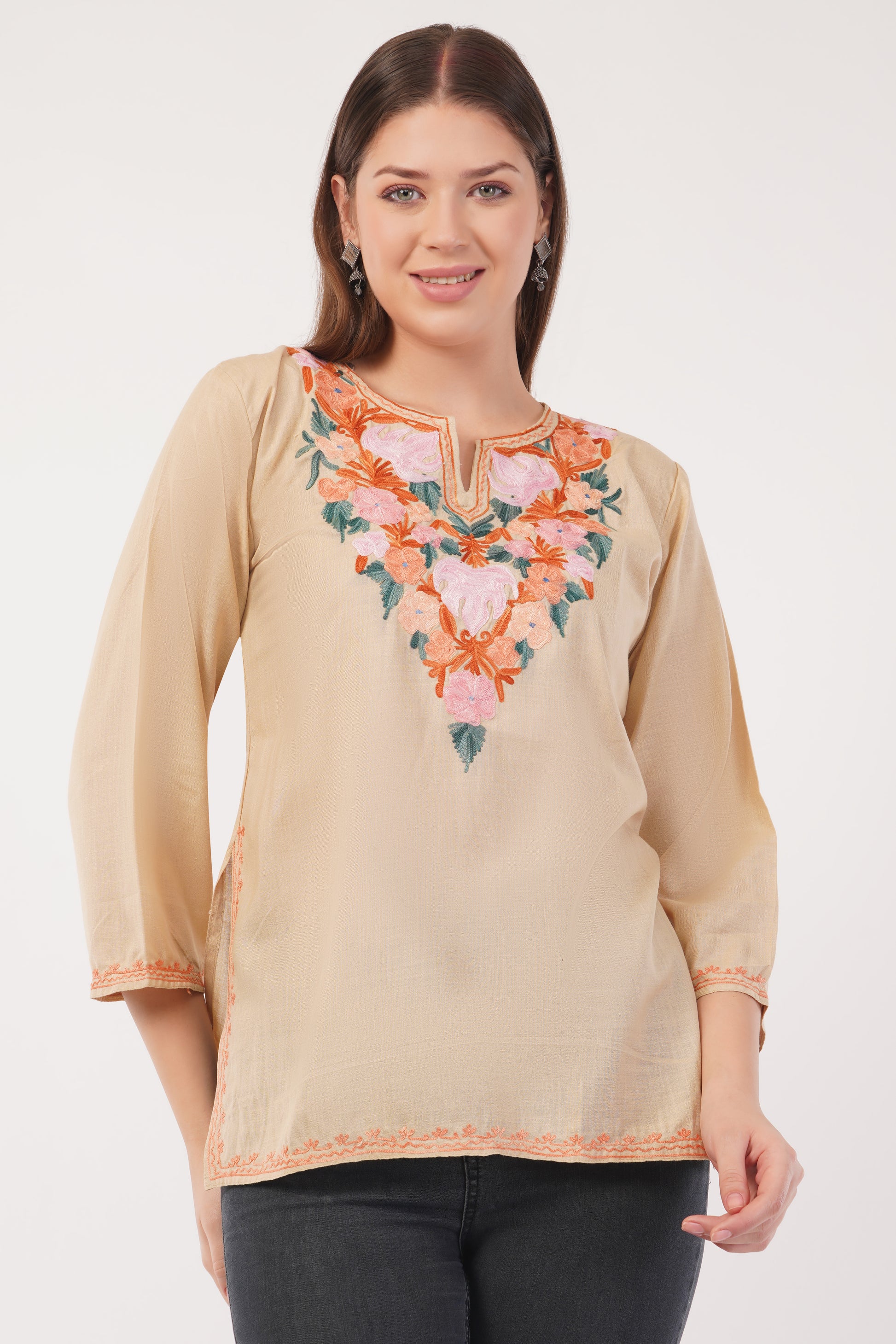 Kashmiri Aari embroidery Cotton Short Kurti Size-40(Beige)