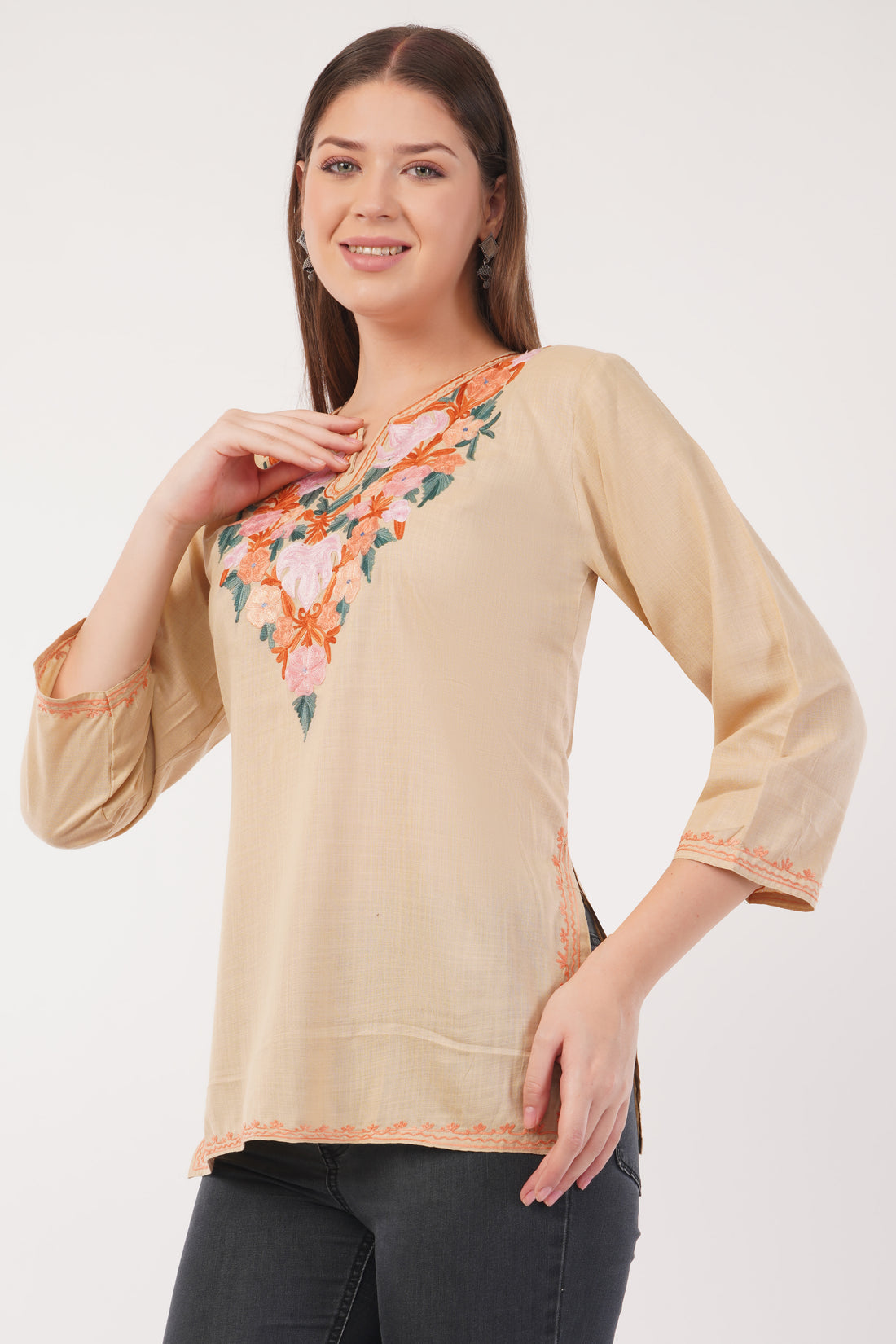 Kashmiri Aari embroidery Cotton Short Kurti Size-40(Beige)