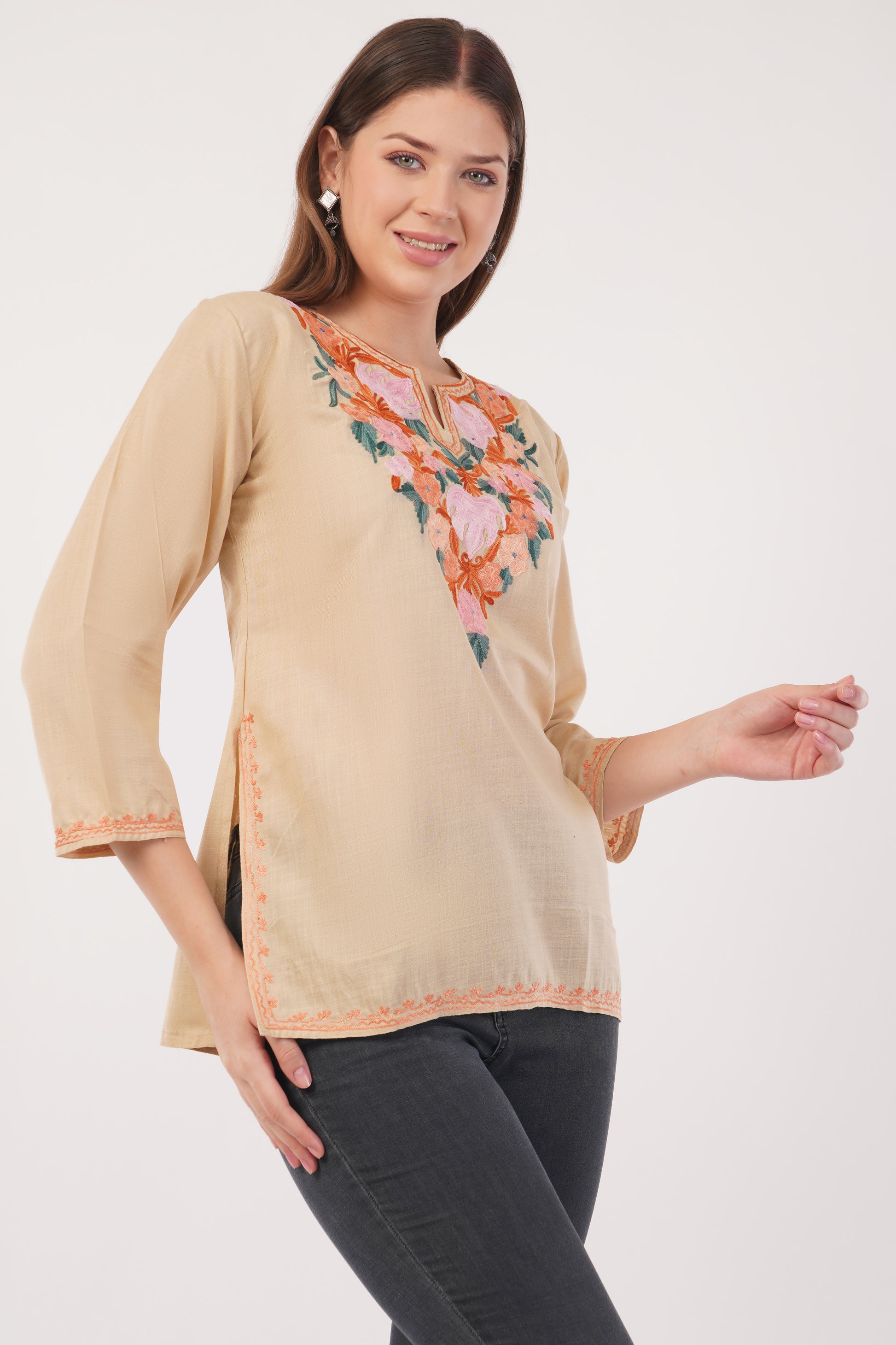 Kashmiri Aari embroidery Cotton Short Kurti Size-40(Beige)