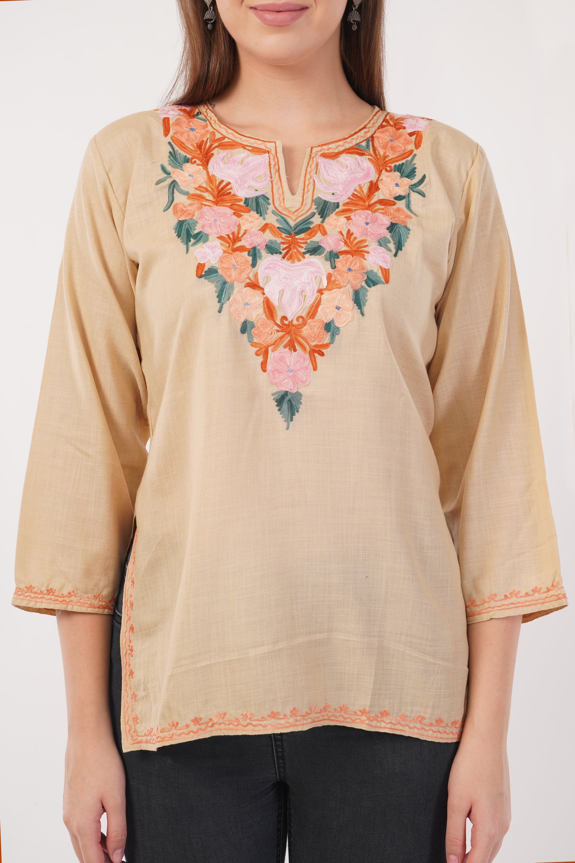 Kashmiri Aari embroidery Cotton Short Kurti Size-40(Beige)