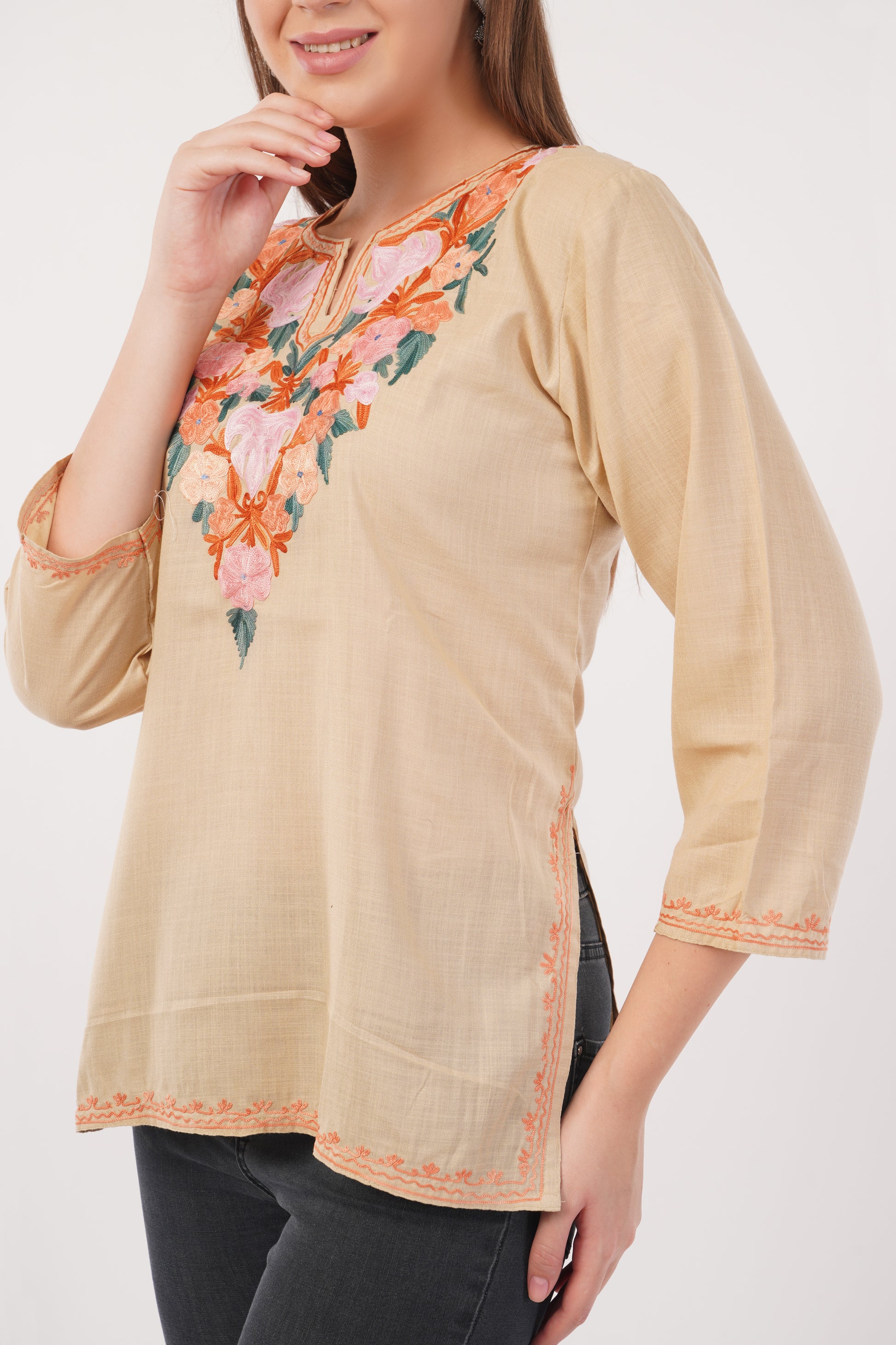 Kashmiri Aari embroidery Cotton Short Kurti Size-40(Beige)