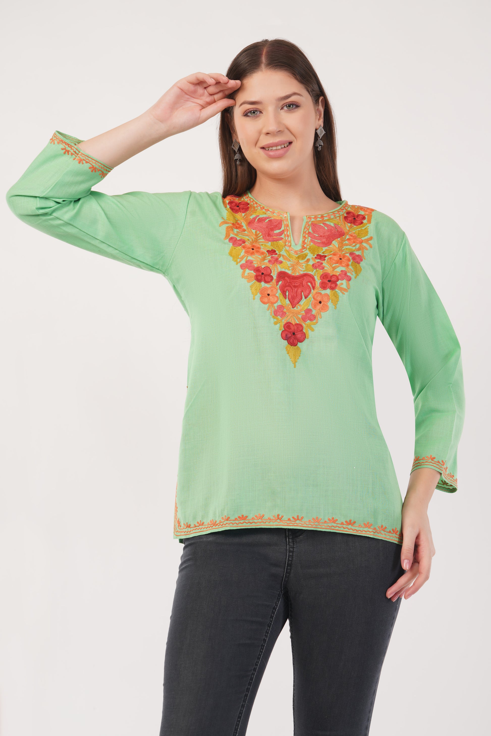 Kashmiri Aari embroidery Cotton Short Kurti Size-40(Green)