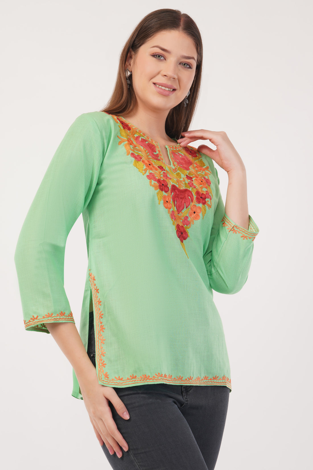 Kashmiri Aari embroidery Cotton Short Kurti Size-40(Green)