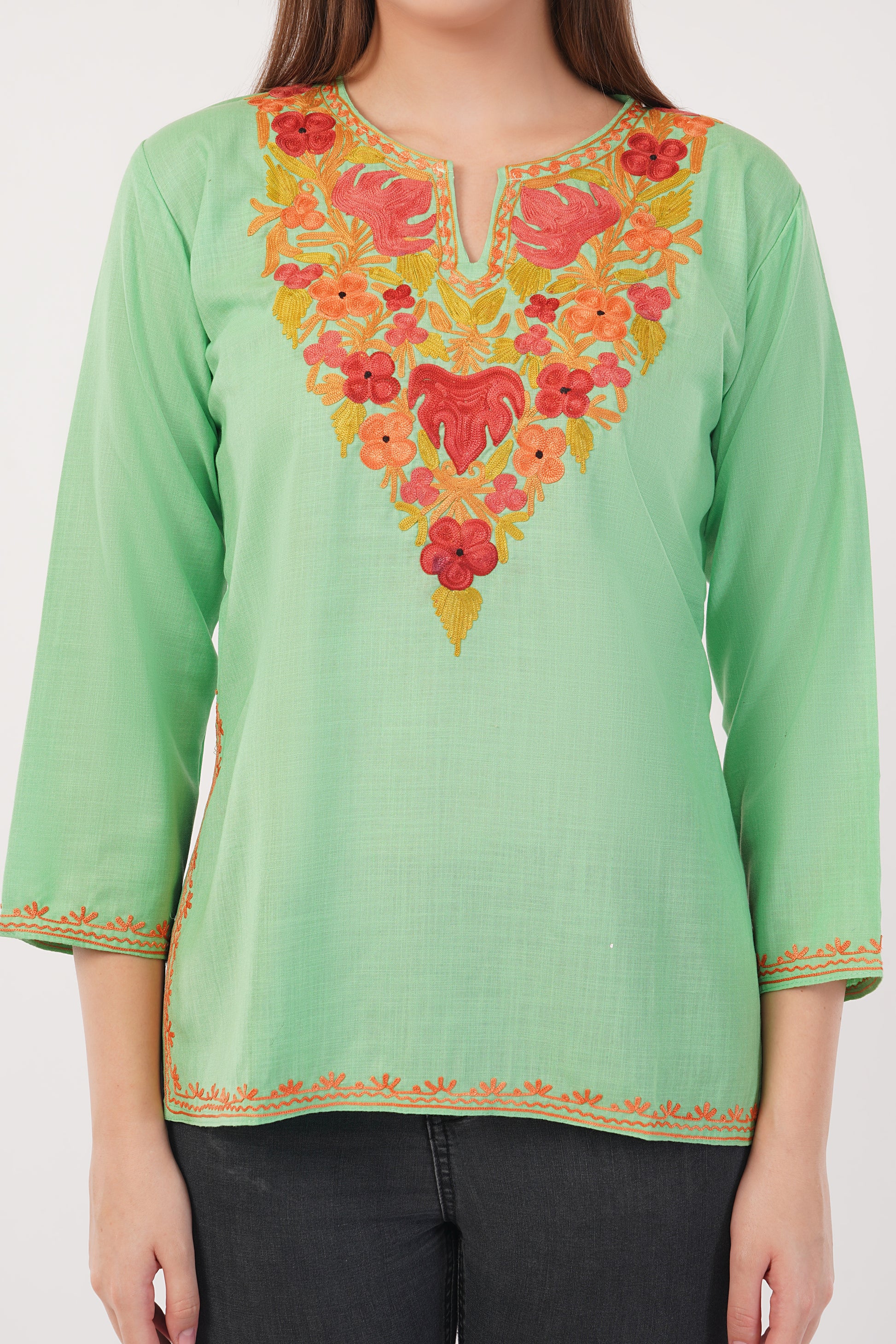 Kashmiri Aari embroidery Cotton Short Kurti Size-40(Green)