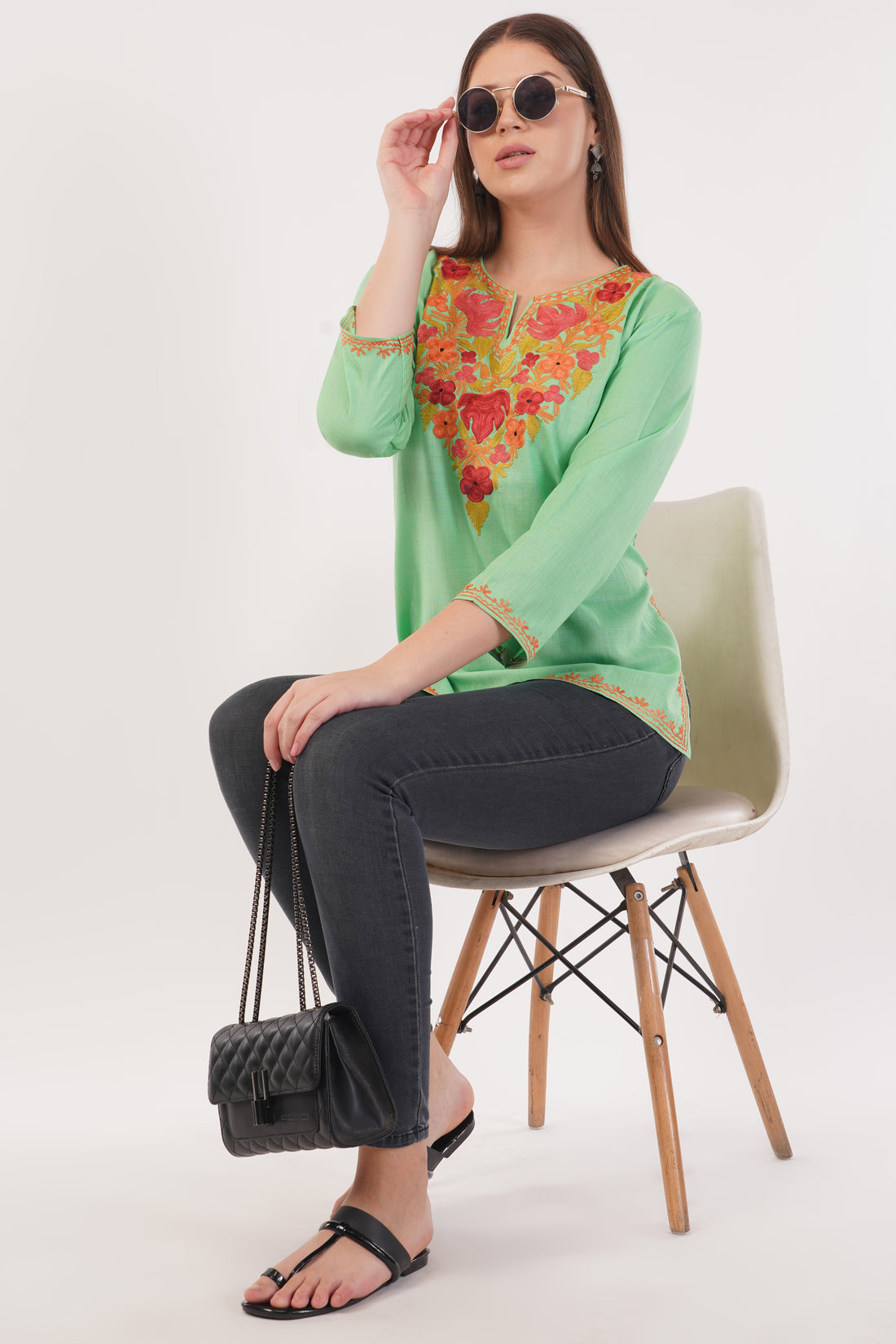Kashmiri Aari embroidery Cotton Short Kurti Size-40(Green)