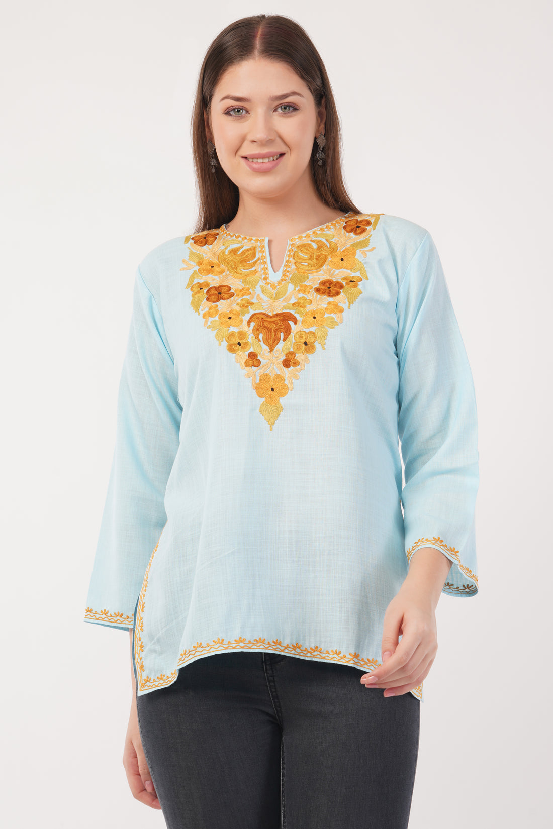 Kashmiri Aari embroidery Cotton Short Kurti Size-40(Sky Blue)